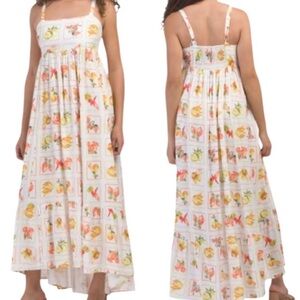 Anthropologie Paper Heart Novelty Tropical Fruit Print Hi Low Cream Maxi Dress M